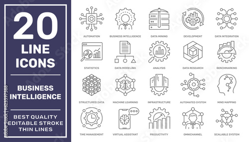 Fotografia Set of 20 modern line icons rlated to strategy, management, system, business intelligence