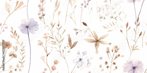 Fototapeta Naklejka Na Ścianę i Meble -  Watercolor seamless pattern with ethereal wildflowers, leaves. Wild plants, flowers, branches. Nature floral background