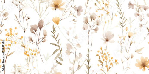 Watercolor seamless pattern with ethereal wildflowers, leaves. Wild plants, flowers, branches. Nature floral background