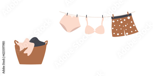 Concept of washing and drying: washed cute family underwear. Man boxers, woman bra and knickers hanging on clothesline and they are attached by clothespins.Wash basin with soap foam. Vector