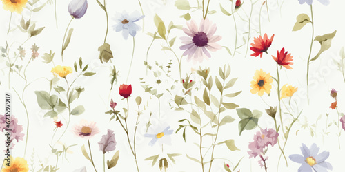 Watercolor wildflowers in vintage style, floral seamless pattern for fabric, textile, wallpapers or wrapping paper