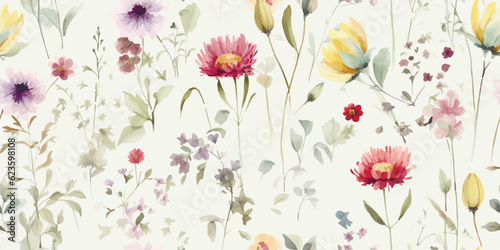 Watercolor wildflowers in vintage style, floral seamless pattern for fabric, textile, wallpapers or wrapping paper