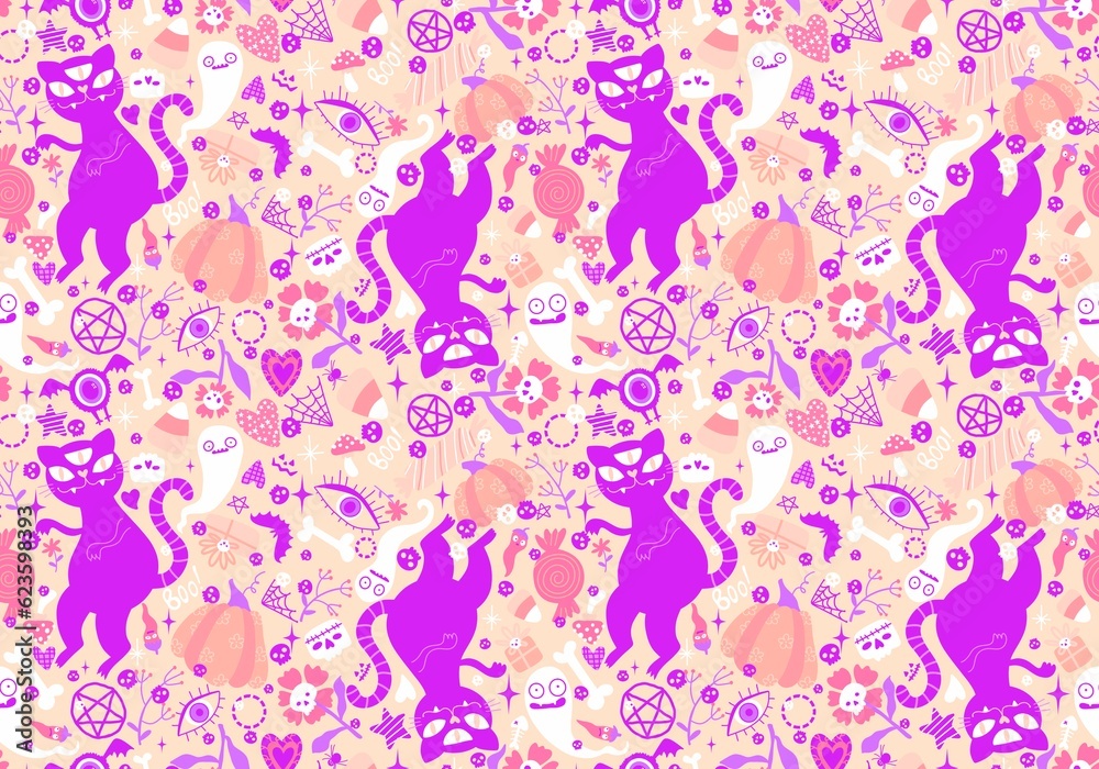 Cartoon animals monsters seamless Halloween cats and ghost pattern for wrapping paper and fabrics and kids clothes