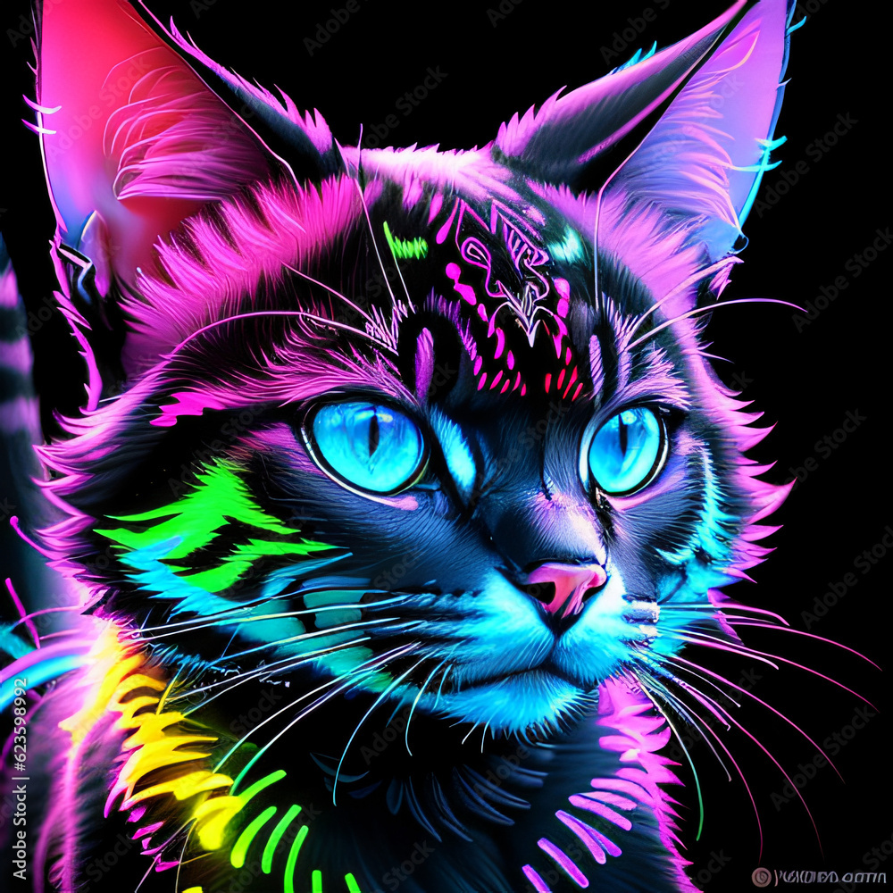 Cat face with neon colors and black background