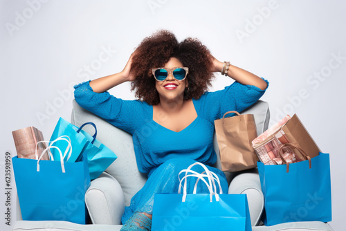 Plus size model joyful after shopping sits with the bags. Full of puffiness . The concept of shopping  online orders  delivery of goods  promotions  sales. Generative AI