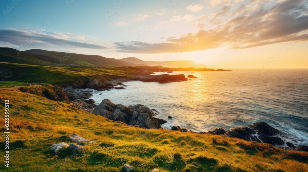 A serene view of a coastal_landscape at sunset A serene view of a coastal_landscape at sunset