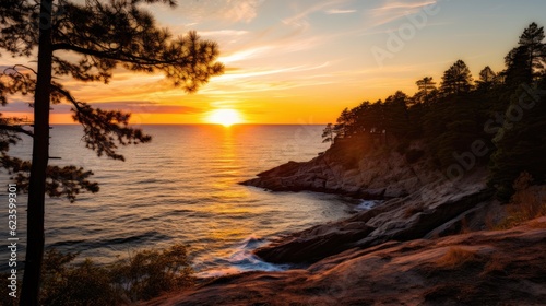 A serene view of a coastal_landscape at sunset