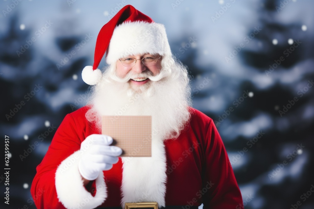 Santa Claus holding an empty postcard in his hands and smiling. Christmas celebration. Generative AI illustration. Santa Claus holding an empty postcard in his hands and smiling. Christmas celebration. Generative AI illustration.