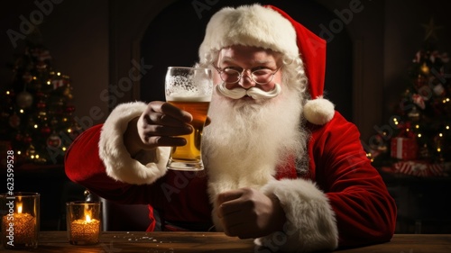 Santa Claus holding a glass and drinking a beer while smiling. Generative AI illustration for Christmas.