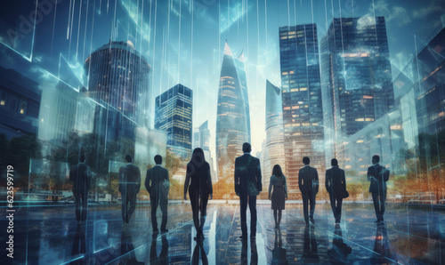 Silhouette of business people stood against a modern city skyline. Modern business team