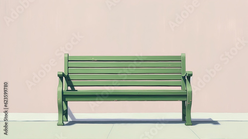 Vintage minimalist green bench illustration on an empty, light background.