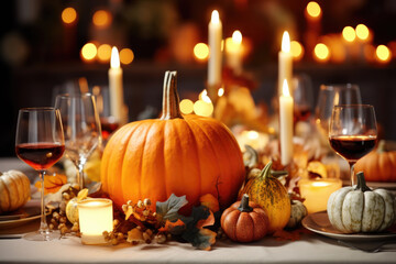 Thanksgiving table setting with pumpkins and candles. Autumn home decoration.