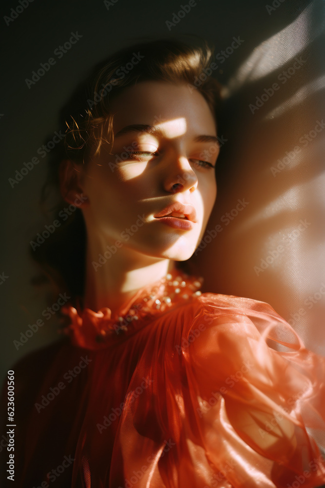 portrait of a woman/model/book character standing by a window in warm daylight with a thoughtful/sad expression in a fashion/beauty editorial magazine style film photography look - generative ai art