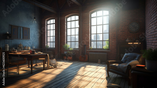 Large spacious loft room in dark colors in the rays of sunlight with big window