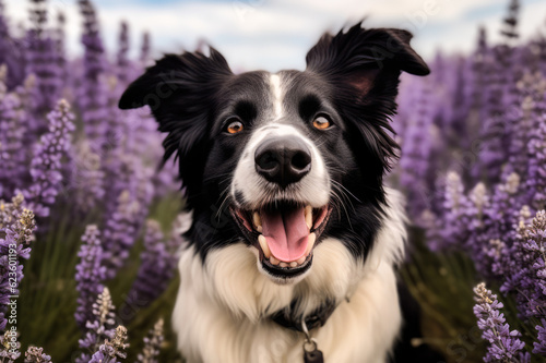 A border collie dog sitting smiling in a field of lavender wild flowers