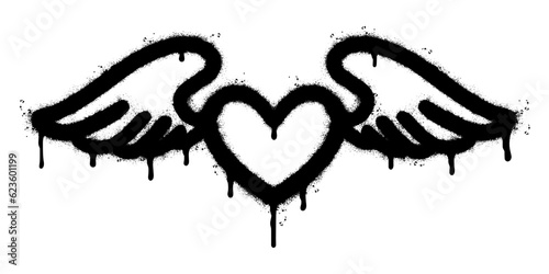 Spray Painted Graffiti heart wings icon Sprayed isolated with a white background. graffiti love wings  symbol with over spray in black over white.