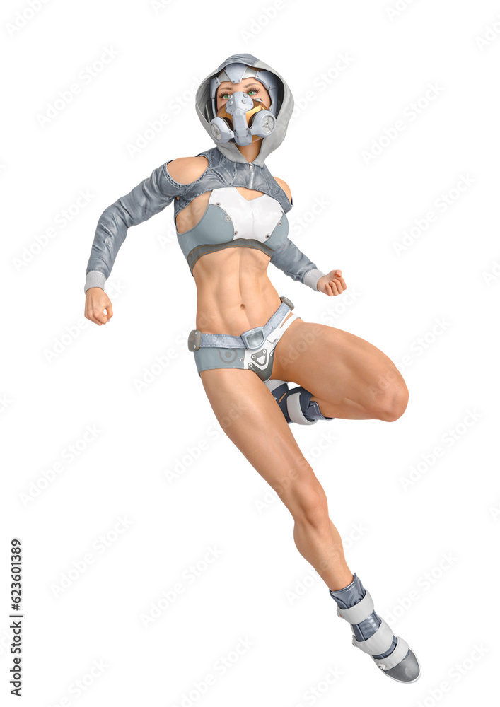 muscular woman in a cyberpunk suit in comic action pose muscular woman in a cyberpunk suit in comic action pose