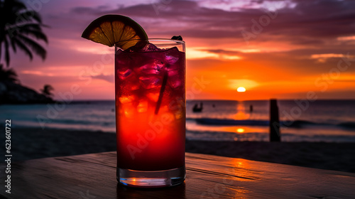 Beautiful tropical bar cocktail at sunset