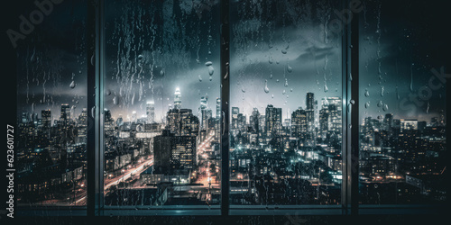 Atmospheric view of a city skyline with skyscrapers through a rain splattered window