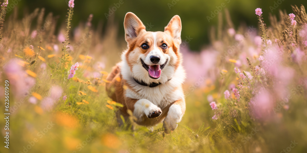 Corgi running through a field of wild flowers Corgi running through a field of wild flowers