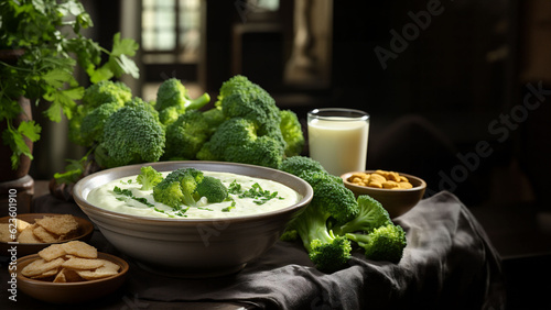 Bowl of healthy broccoli cream soup, vegetables, ingredients and bread in background in sunny day. Banner or poster for healthy food or vegan advertising photo