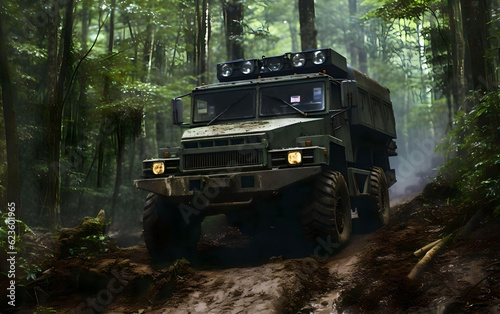 off road military truck on a muddy road in a jungle - generative ai