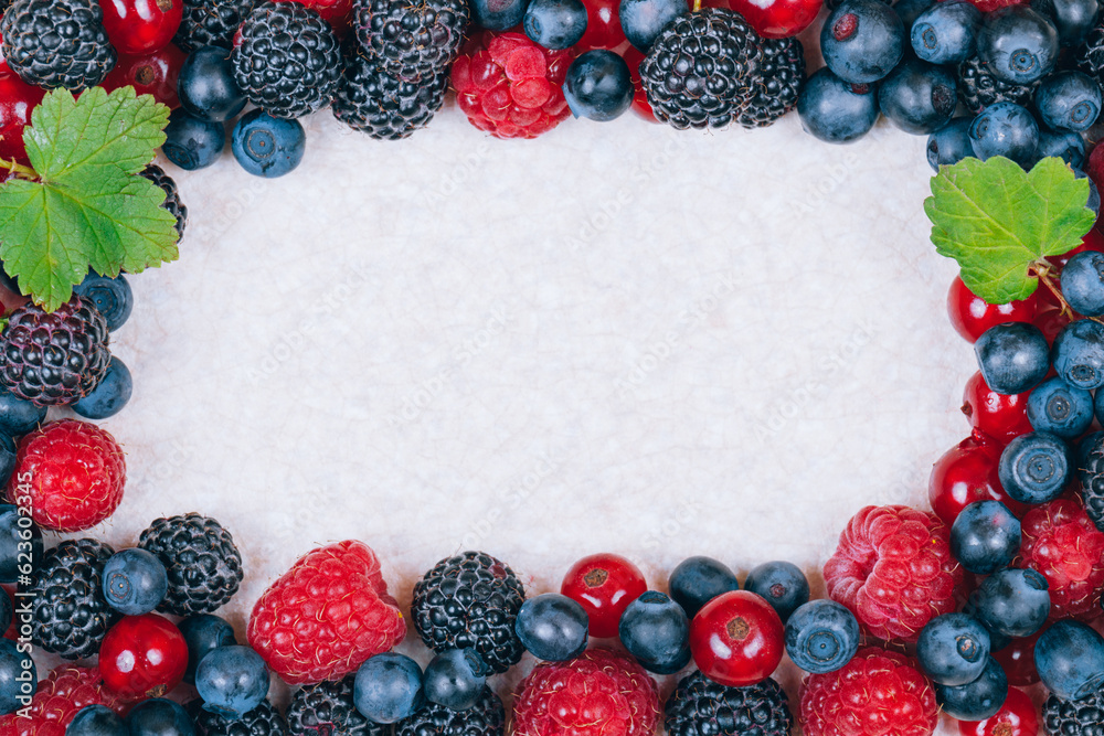 Frame made of red and black raspberries, blueberries and red currants berries with copy space in the middle on a light table. Close-up shot. Frame made of red and black raspberries, blueberries and red currants berries with copy space in the middle on a light table. Close-up shot.