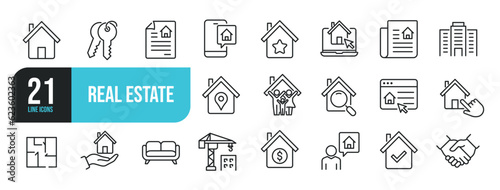 Photo Set of line icons related to real estate, property, buying, renting, house, home