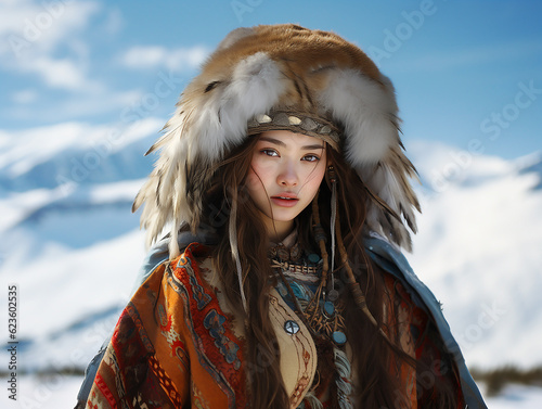 bellissima ragazza della Mongolia con sguardo penetrante vestita con i costumi tipici del suo paese, ritratto stile fotografico