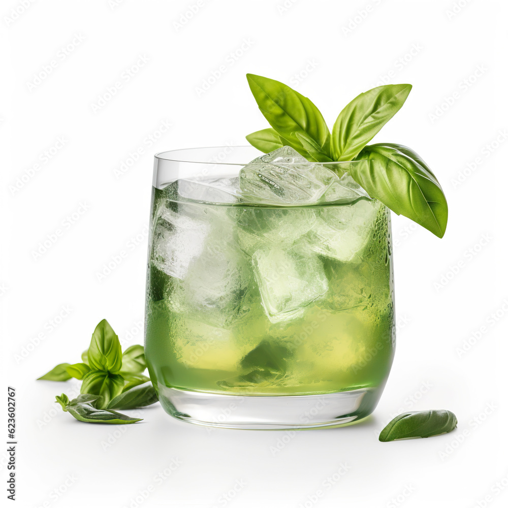 A Gin Basil Smash Cocktail. Summer cocktail with basil Leaf, lime and lemon. Basil smash alcoholic cocktail drink with dry gin, syrup, lemon, basil and ice. Realistic 3D illustration. Generative AI A Gin Basil Smash Cocktail. Summer cocktail with basil Leaf, lime and lemon. Basil smash alcoholic cocktail drink with dry gin, syrup, lemon, basil and ice. Realistic 3D illustration. Generative AI