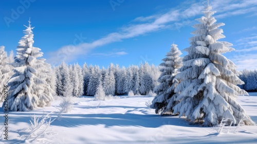 Snow-covered pine trees under an icy blue sky