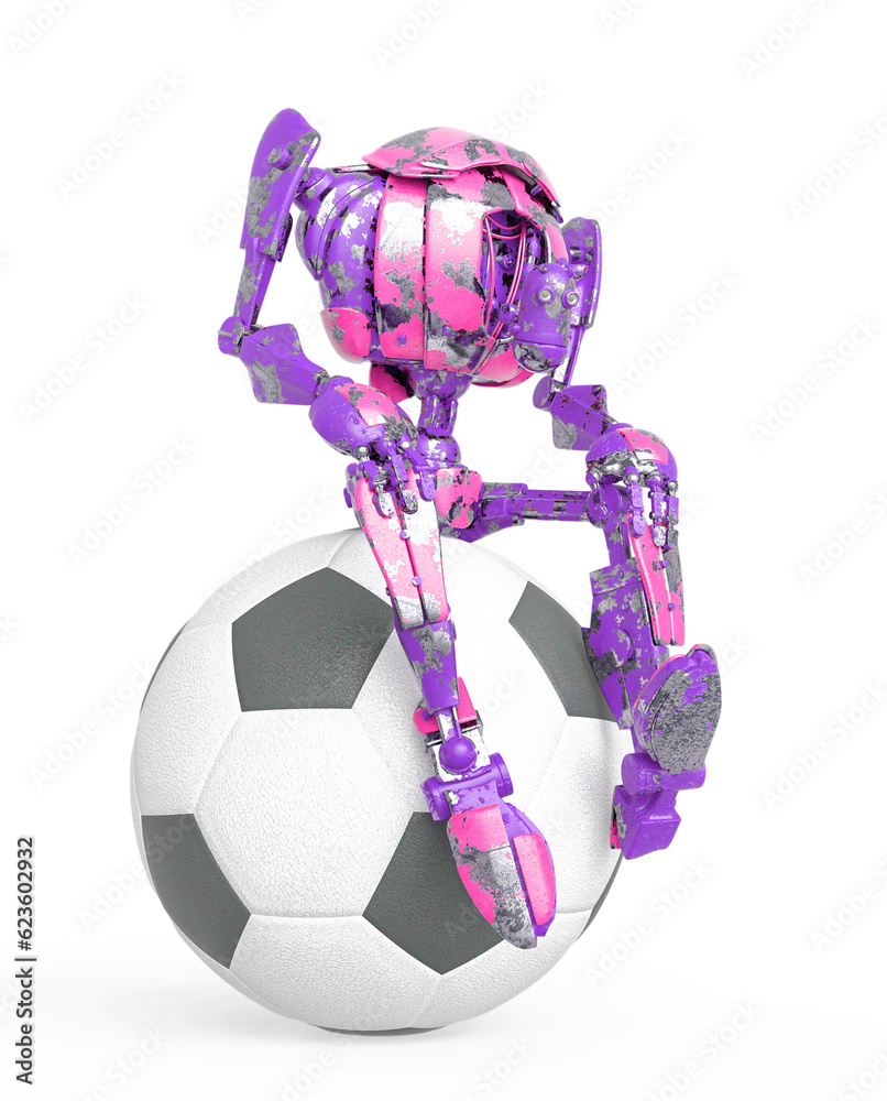 out of date robot is sitting on the football ball in white background out of date robot is sitting on the football ball in white background