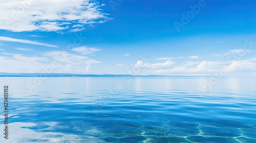 View of a tranquil water surface under an abstract blue sky.