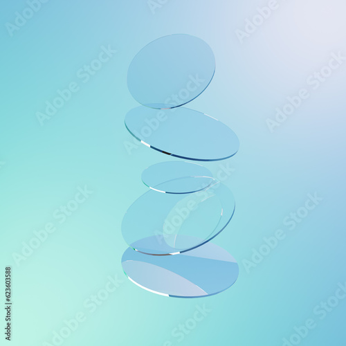 Flying crystal glass disks on blue abstract background 3d render. Iridescent transparent circle panels with flare and light refraction from prism, wallpaper 3D illustration