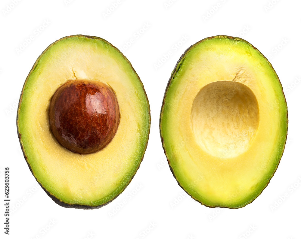 PNG. Two halves of a cut avocado. View from above