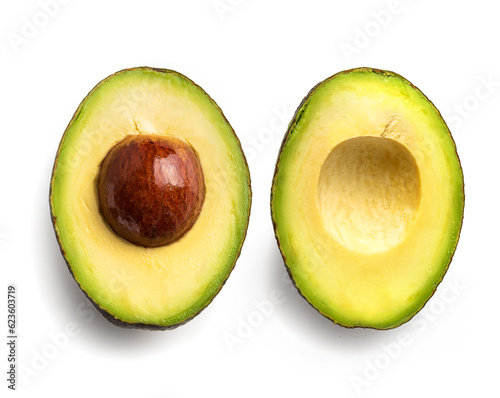 Two halves of a cut avocado. View from above