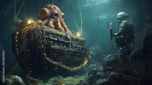 Exploring the Depths: Captivating Underwater Art Unveils Nature's Mysterious Beauty with Shipwrecks, Fish, and Abstract Textures, generative AI