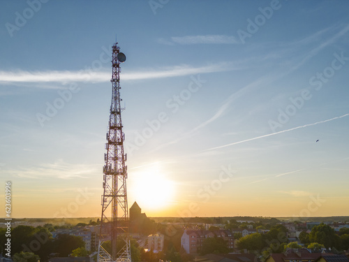 aerial view of telecommunication tower at sunset