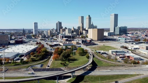 Aerial view of the downtown cityscape and fall color of Veterans Park