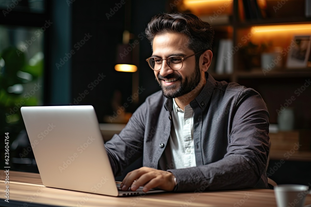 Smiling middle eastern business man working on laptop at home office. Young indian student or remote teacher using computer remote studying, virtual training, online education webinar at home office Smiling middle eastern business man working on laptop at home office. Young indian student or remote teacher using computer remote studying, virtual training, online education webinar at home office