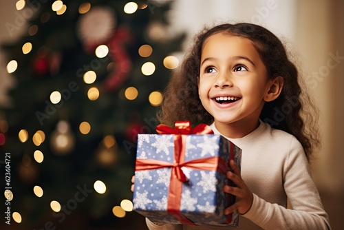 Excited little girl holding Christmas present on Christmas night