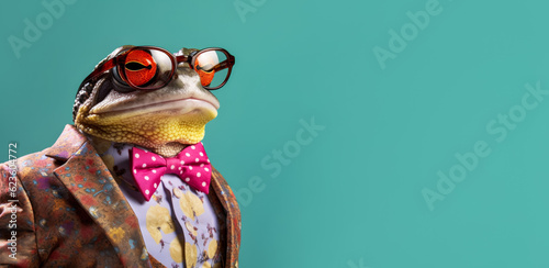 Cool looking frog wearing funky fashion dress - jacket, bowtie, glasses. Wide banner with space for text right side. Stylish animal posing as supermodel. Generative AI