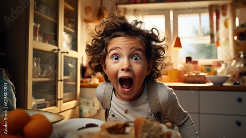 A little girl with her mouth open looking at a plate of food. Generative AI. photo