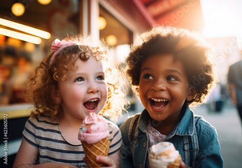 Two little girls are eating ice cream cones. Generative AI.