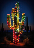 Saguaro cactus with Christmas lights in the desert at night