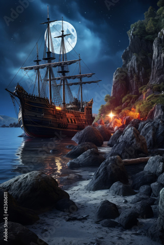 Black pirate ship at night