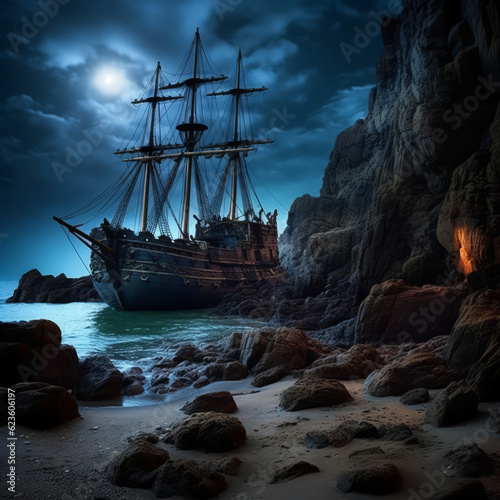 Black pirate ship at night © Guido Amrein