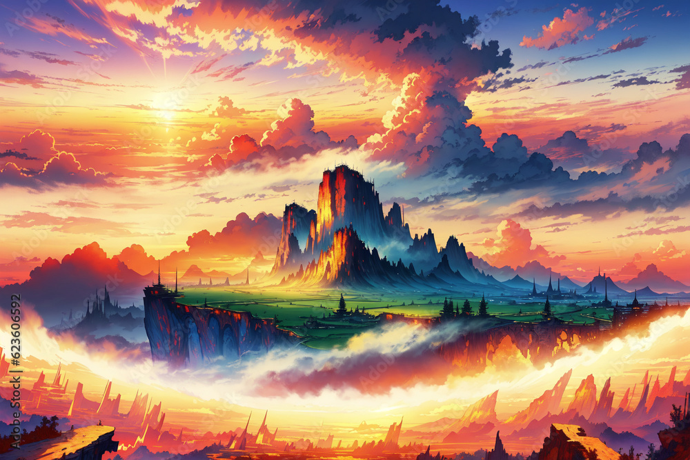sunset in mountains, gnatasu view, wallpaper, generative ai