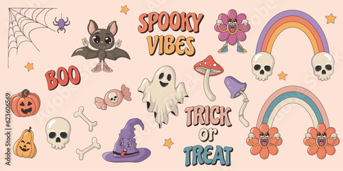 Collection of vintage groovy halloween colorful elements and characters. Vector set of psychedelic hippie 70s style Mushrooms, spider, pumpkins, rainbow, ghost, skeleton and bat.