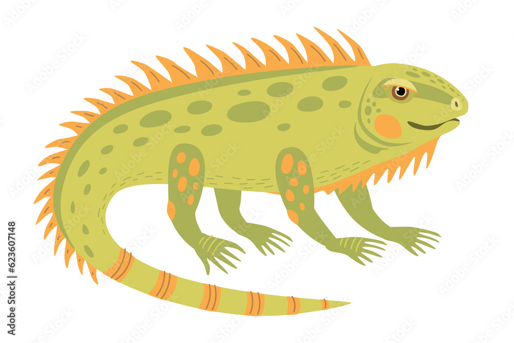 Fototapeta premium Cartoon iguana. Cute green lizard. Funny reptile. Raster illustration on a transparent background.